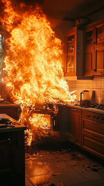 Foto escapada de fuego de la casa escena dramática muestra la cocina envuelta en llamas papel de pared móvil vertical