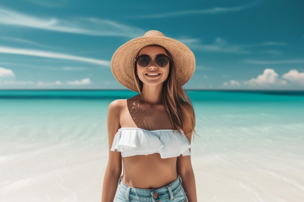 Foto escapada a la playa chic mujer besada por el sol empapándose de estilo