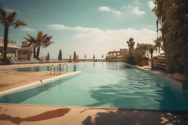 Escapada Relajante de Verano Una Vista Impresionante de una Playa Serena con una Piscina Perfecta