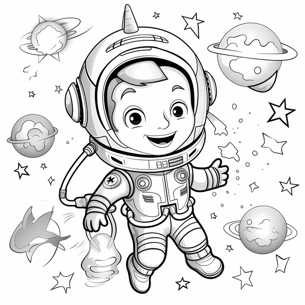Foto escapades cósmicas página de colorir de um menino no espaço