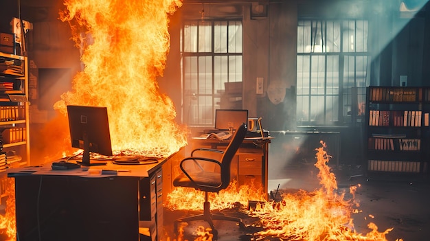 Escapar del incendio en el lugar de trabajo de la oficina en llamas