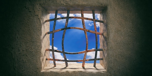 Escapar de la libertad Prisión Ventana de la cárcel Vista del cielo azul Barras dobladas abiertas oxidadas en el fondo de la pared vieja Ilustración 3d