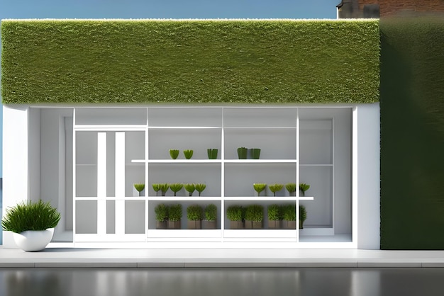 Un escaparate blanco con una pared verde y plantas.