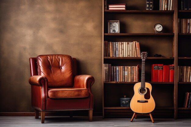 Escaparate de estanterías para guitarras y libros que ocupan un lugar destacado en una casa acogedora con amplio espacio para copias