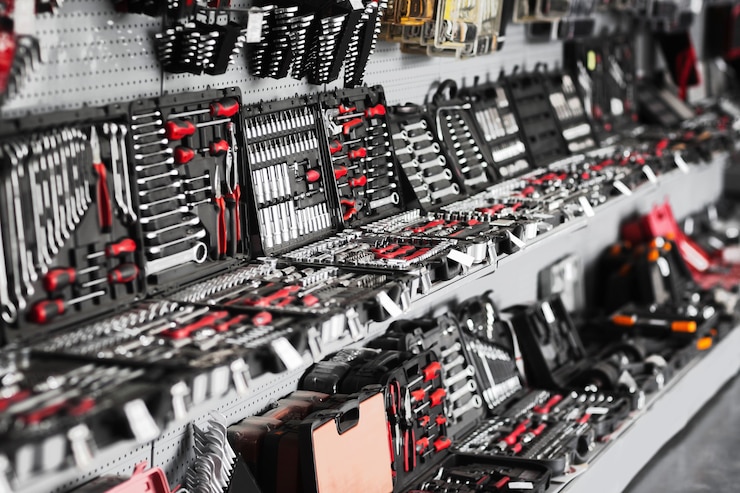 Foto escaparate de herramientas de reparación en la tienda
