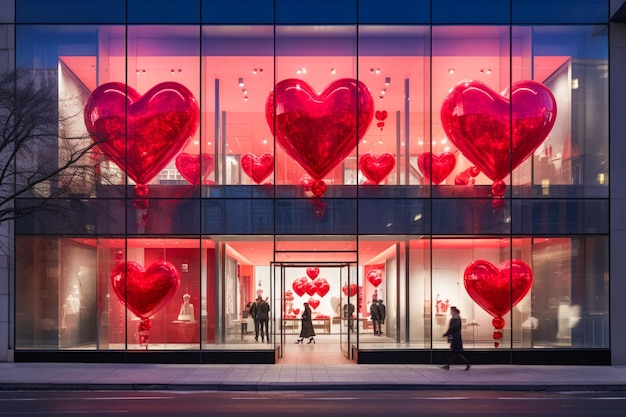 Escaparate de decoración de San Valentín de grandes corazones