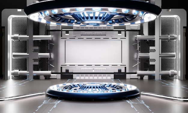 Escaparate de podio de productos de ciencia ficción en nave espacial con fondo blanco y azul Tecnología espacial y representación de ilustración 3D del concepto de objeto