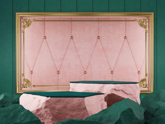 Escaparate del producto color verde y rosa de piedra con representación 3D de fondo de marco dorado