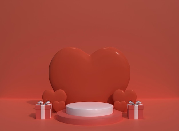 Escaparate de productos de escenario de podio de San Valentín 3d con decoración con corazón y regalo