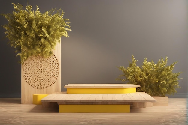 Escaparate de productos podio de madera con soporte 3d sobre fondo amarillo con hojas