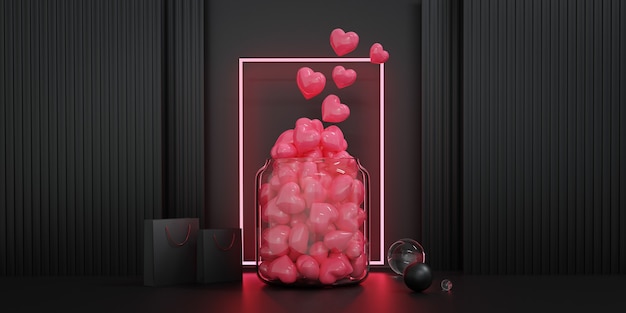 Escaparate de San Valentín decorar. Concepto para el día de San Valentín y el fondo de la boda. Representación 3D.