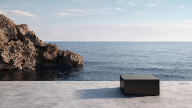 Un escaparate vacío en un pedestal de maqueta con vista al mar y arena negra El podio de piedra de roca volcánica natural ofrece un telón de fondo minimalista y creativo para la presentación del producto