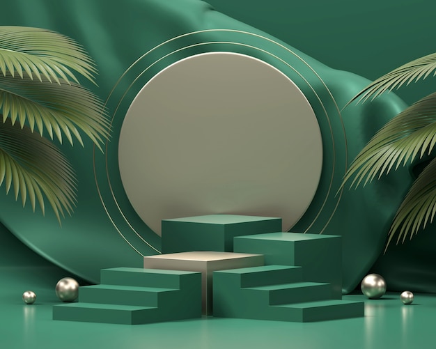 Escaparate verde abstracto del podio de la plataforma de los pasos para la exhibición del producto con el render 3d de las hojas de palma