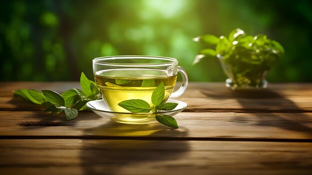 Escape de té verde encontrando tranquilidad en una taza sobre una mesa de madera con la naturaleza