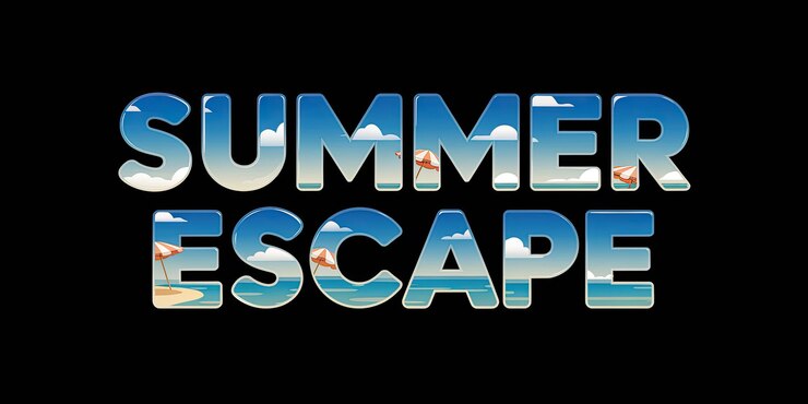 Foto escape de verano tipografía con playa tropical y fondo de cielo brillante
