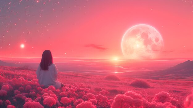 Foto escapismo cósmico escena de fantasía en colores rosados una mujer observa el cielo cósmico