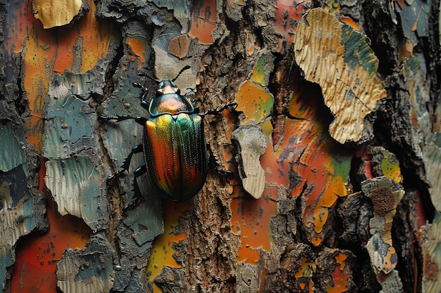 Un escarabajo colorido está sentado en un tronco de árbol
