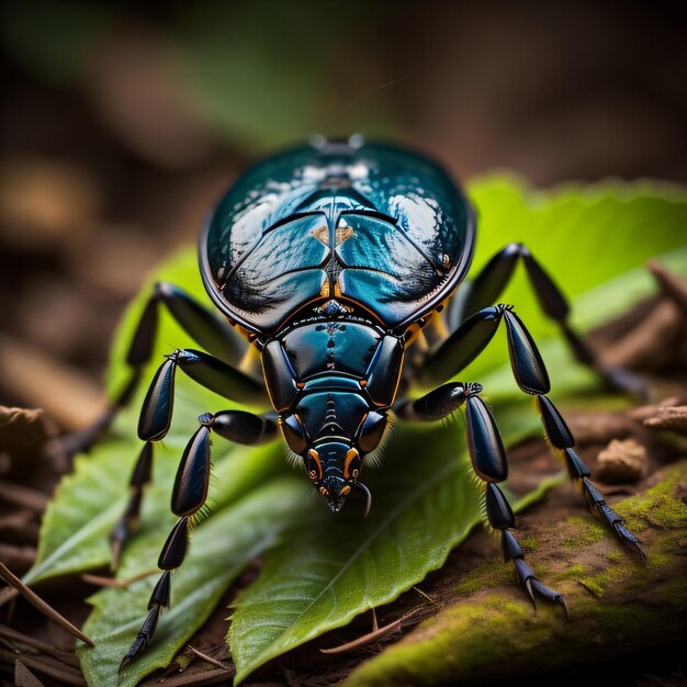 Un escarabajo con cuerpo azul y cuerpo verde.