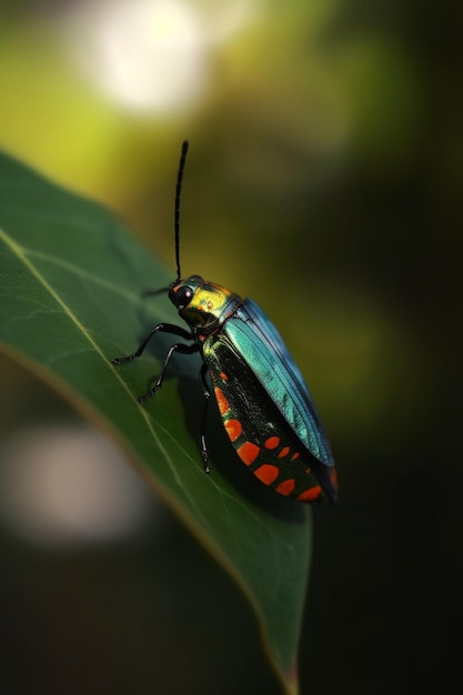 Escarabajo escarlata en una hoja verde vibrante en la selva tropical