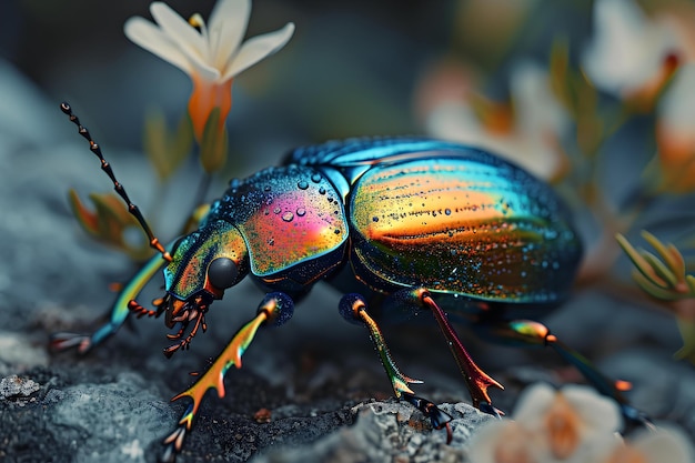 Escarabajo con exterior brillante con alas de arco iris