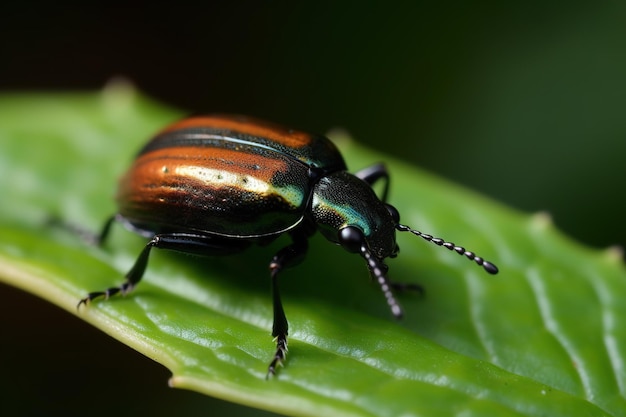 Un escarabajo con una franja verde y naranja en el cuerpo se sienta sobre una hoja verde.