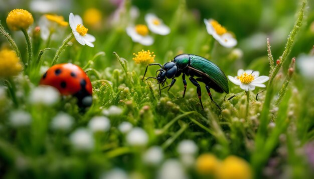 Foto un escarabajo está en la hierba con flores en el fondo