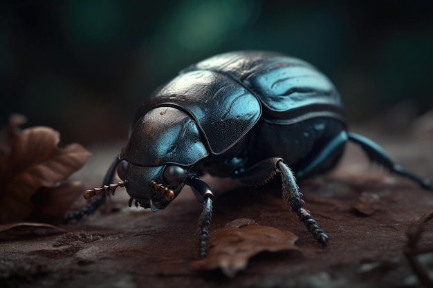 Un escarabajo negro con una hoja