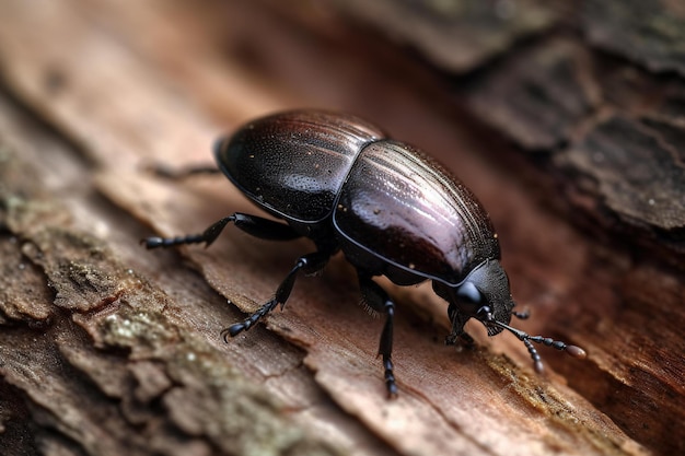 Un escarabajo negro sobre un trozo de madera.