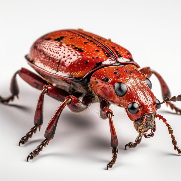 Un escarabajo rojo con ojos negros y puntos negros.