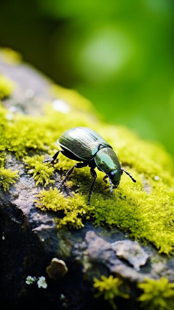 Foto un escarabajo en un tronco con musgo en él