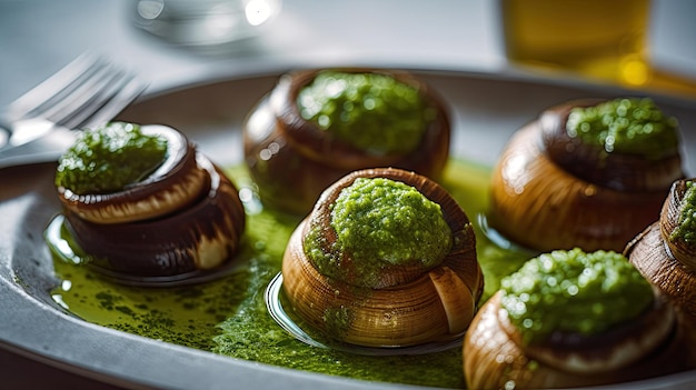Escargots de Bourgogne caracóis assados com manteiga de alho e manjericão Comida tradicional francesa Vista superior Generative AI
