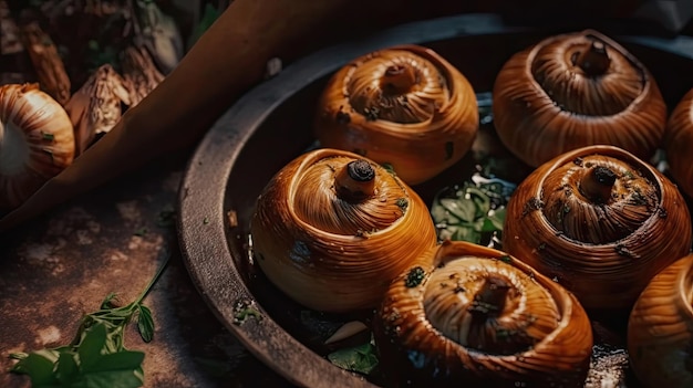 Escargots de Bourgogne caracóis assados com manteiga de alho e manjericão Comida tradicional francesa Vista superior