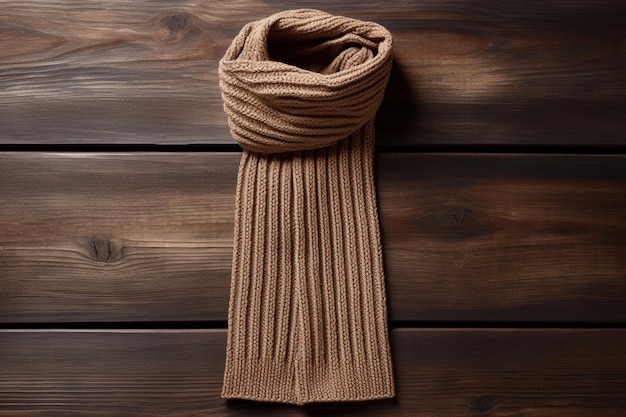 Escarpa de lã tricotada bege em close-up sobre um fundo de madeira