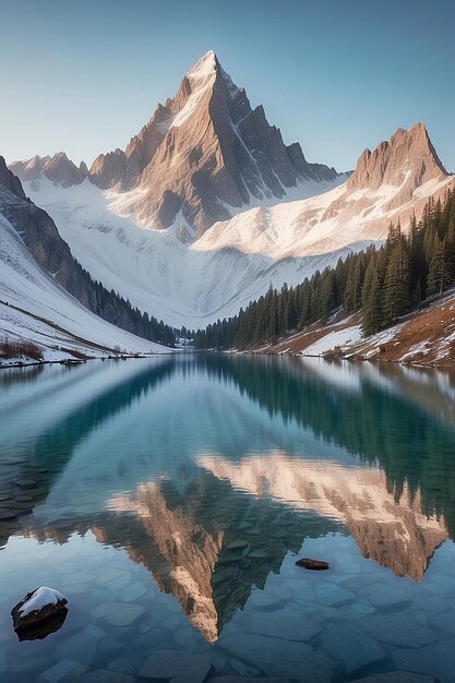 Un escarpado pico de montaña se eleva sobre un sereno lago alpino su cara escarpada suavizada por una manta de nieve fresca generativa ai