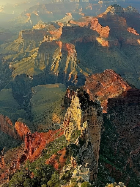 Los escarpados acantilados del Gran Cañón se bañan en la suave luz del anochecer con el sol proyectando largas sombras y tonos cálidos a través de las formaciones rocosas estratificadas