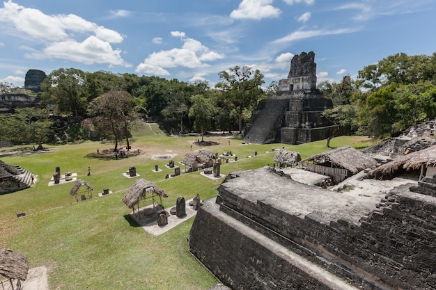 Escavação arqueológica das pirâmides do templo maia na floresta verde do Parque Nacional de Tikal