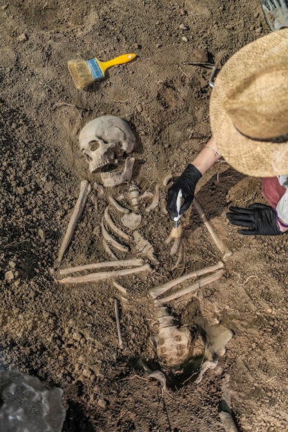 Foto escavações arqueológicas - esqueleto humano antigo