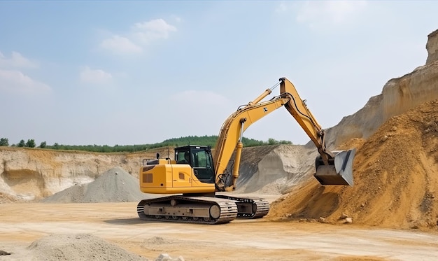 Escavadeira de construção amarela brilhante no trabalho no canteiro de obras Criando usando ferramentas generativas de IA