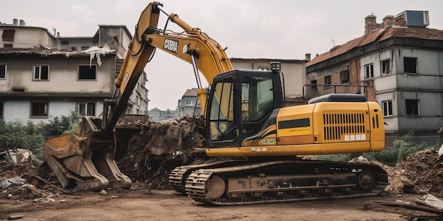 Escavadeira do local da demolição da casa do edifício com máquina hidráulica do crasher e recipiente amarelo