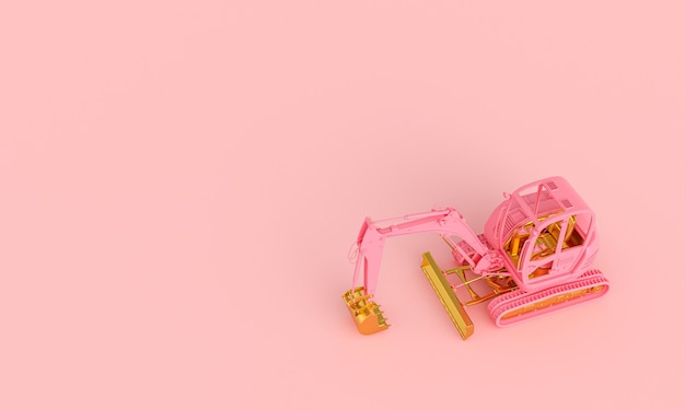 Escavadeira rosa e ouro em um fundo rosa. 3d render