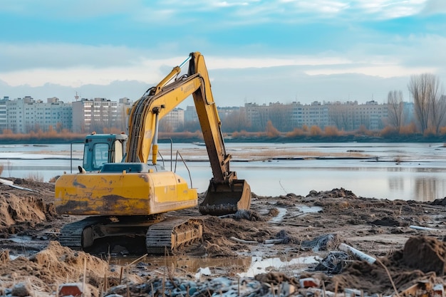 escavadora em um local de construção construção de um rio de construção no