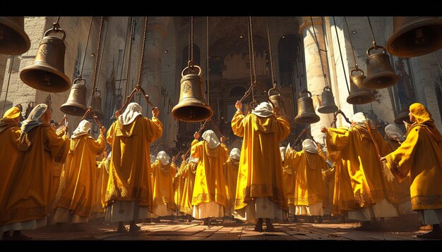 una escena en 3D de campaneros participando en una ceremonia de campanas del domingo de Pascua