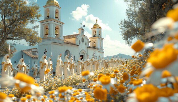 Foto una escena en 3d de campaneros participando en una ceremonia de campanas del domingo de pascua