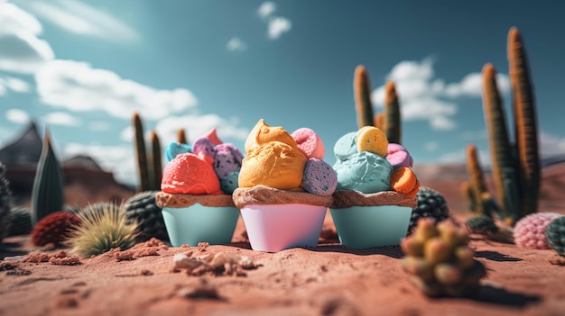Escena 3D de coloridos helados con un impresionante telón de fondo desértico