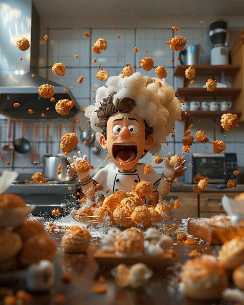 una escena en 3D con un panadero de dibujos animados conmocionado por la explosión de los pasteles