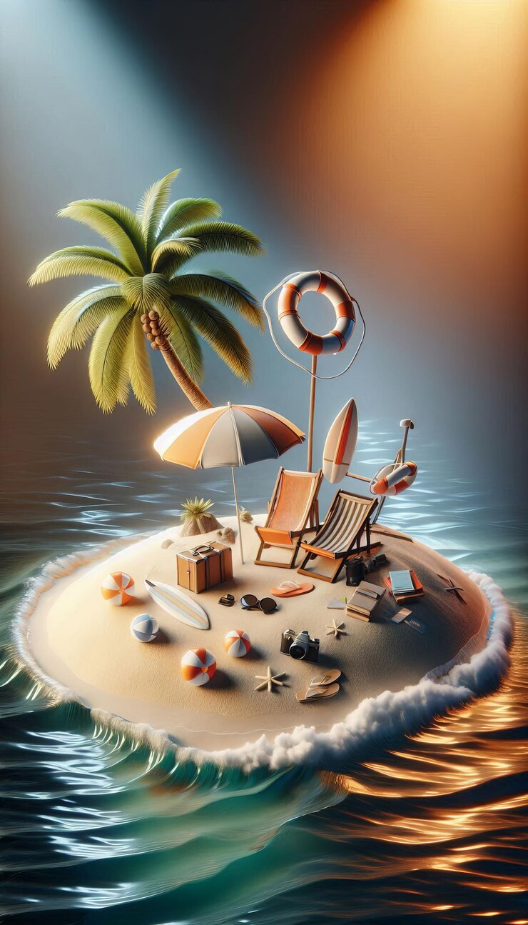 Escena en 3D de una pequeña isla decorada con cocoteros y estrellas de mar concepto de vacaciones de fondo