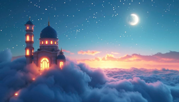 Escena en 3D Pequeña mezquita por encima de las nubes por la noche con Ramadan Kareem de fondo