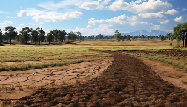 una escena en 3D que representa la yuxtaposición de un área afectada por la sequía y un campo bien regado