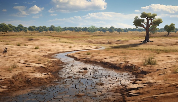 una escena en 3D que representa la yuxtaposición de un área afectada por la sequía y un campo bien regado