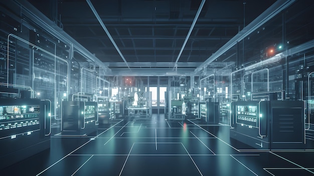 Escena abstracta de una fábrica inteligente con computadoras y centros de datos